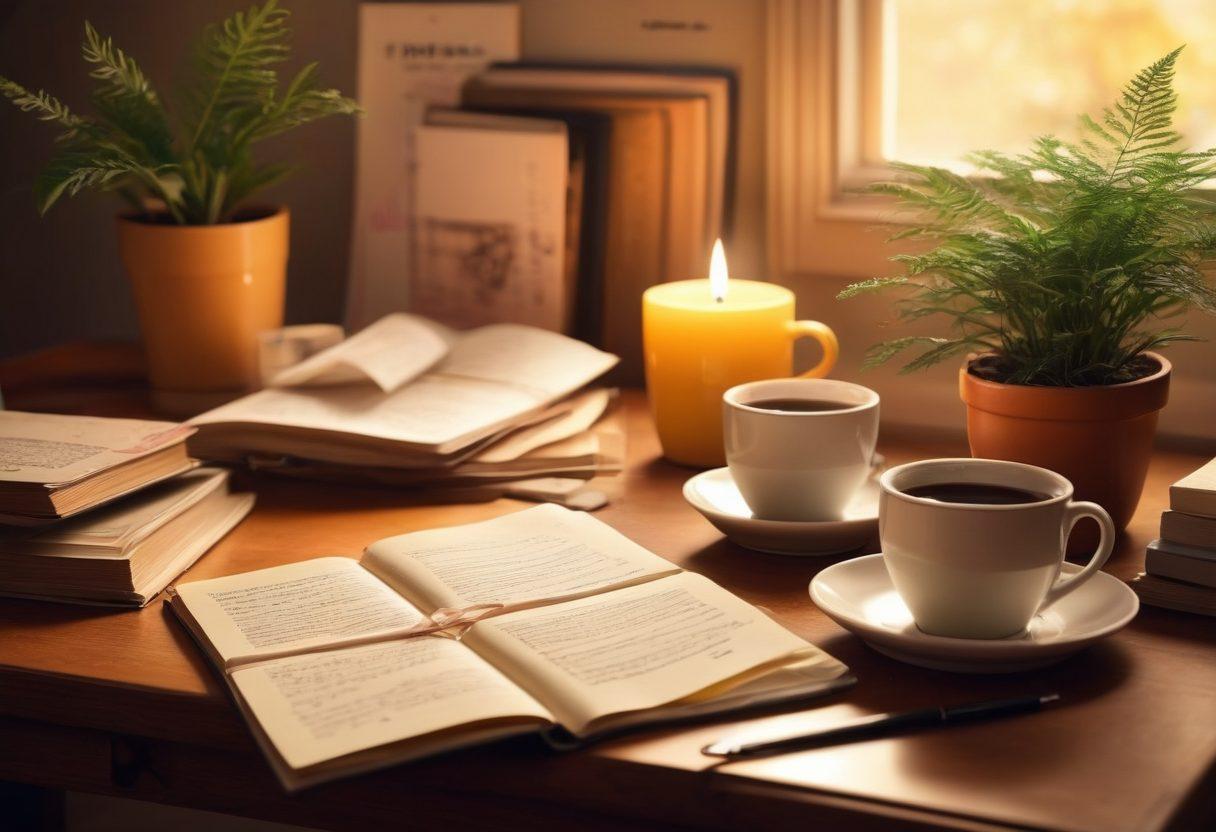 A cozy digital diary scene open on a desk, surrounded by whimsical doodles connecting pages, vibrant post-it notes with handwritten thoughts, and a warm cup of coffee. There are digital connections illustrated as glowing lines linking various reader avatars, highlighting engagement. Soft lighting creates an inviting atmosphere, with books and a plant in the background for a personal touch. super-realistic. warm colors. cozy ambiance.