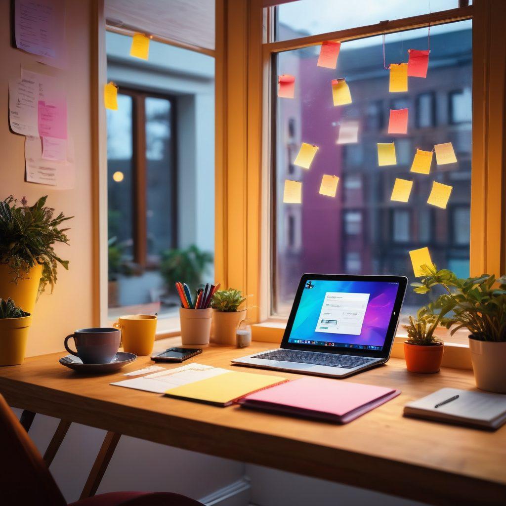 A creative workspace filled with vibrant colors, showcasing a person brainstorming ideas on a digital tablet, surrounded by notebooks and colorful sticky notes. The background features an open window with a glimpse of the blogging world outside, represented by floating text and icons. Include elements like a coffee cup, desk plants, and a glowing light bulb to symbolize creativity and inspiration. super-realistic. vibrant colors. warm atmosphere.