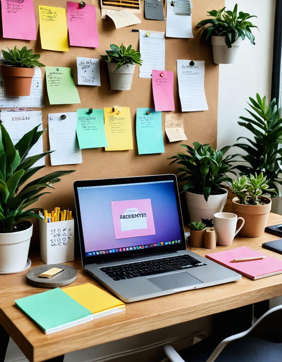A creative workspace featuring a stylish laptop opened to a blog editor, surrounded by inspiring decor like plants, notebooks, and a steaming coffee cup. The scene also includes colorful post-it notes outlining a content strategy on a corkboard in the background. Soft natural light illuminating the area, invoking a warm and inviting atmosphere. vibrant colors. super-realistic.